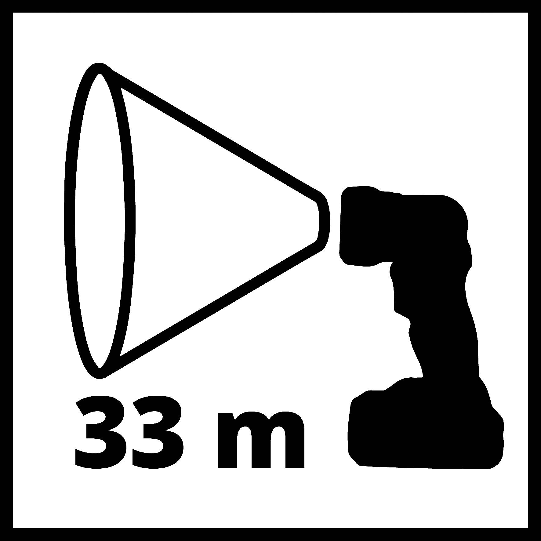 Afbeelding van een boor met een grote opzetstuk en de tekst '33 m', die de reikwijdte of grootte van de boor aangeeft.