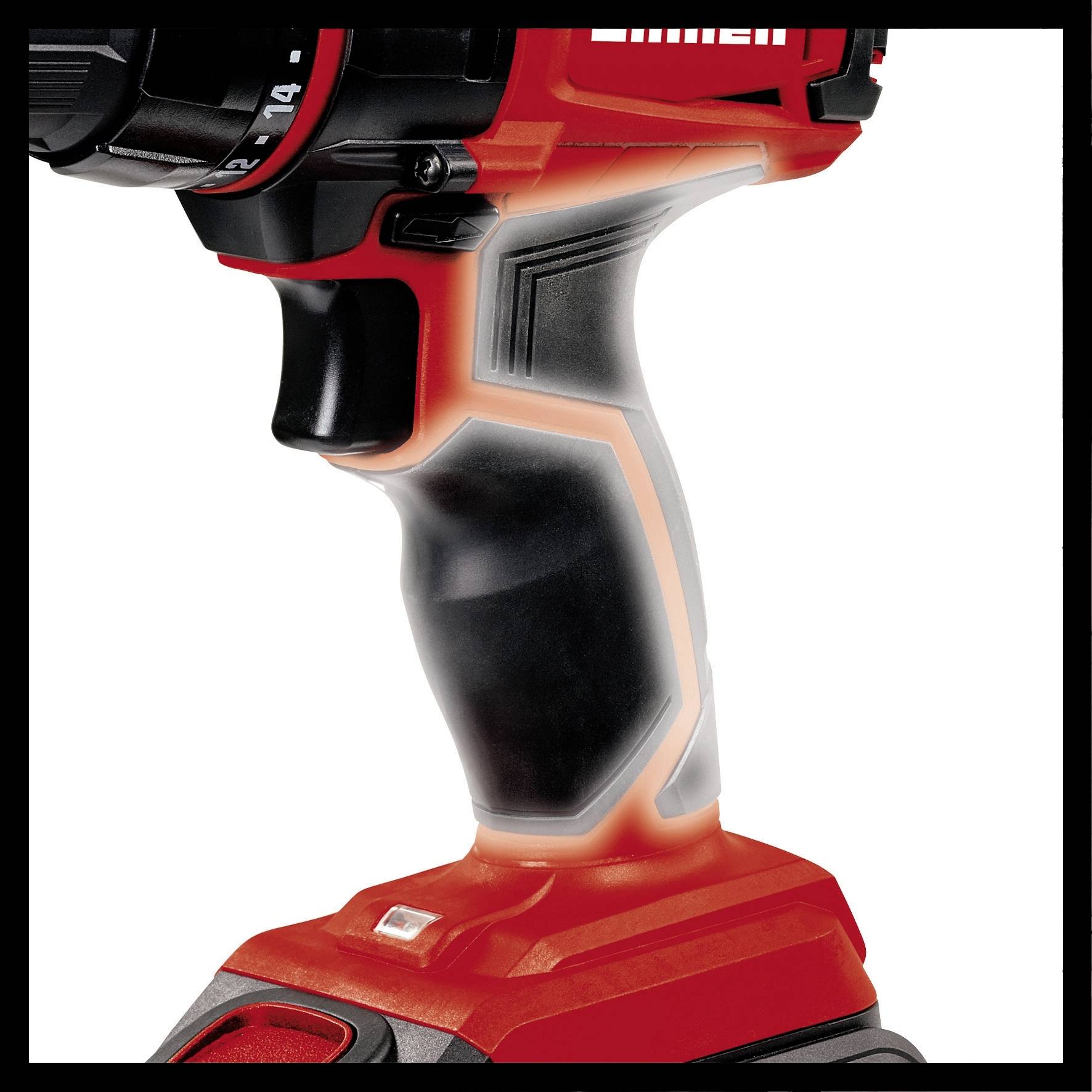 Close-up van een rode elektrisch gereedschapsgreep met ergonomisch ontwerp en zwart-grijze accenten. In het bovenste gedeelte zijn schakelknoppen zichtbaar.