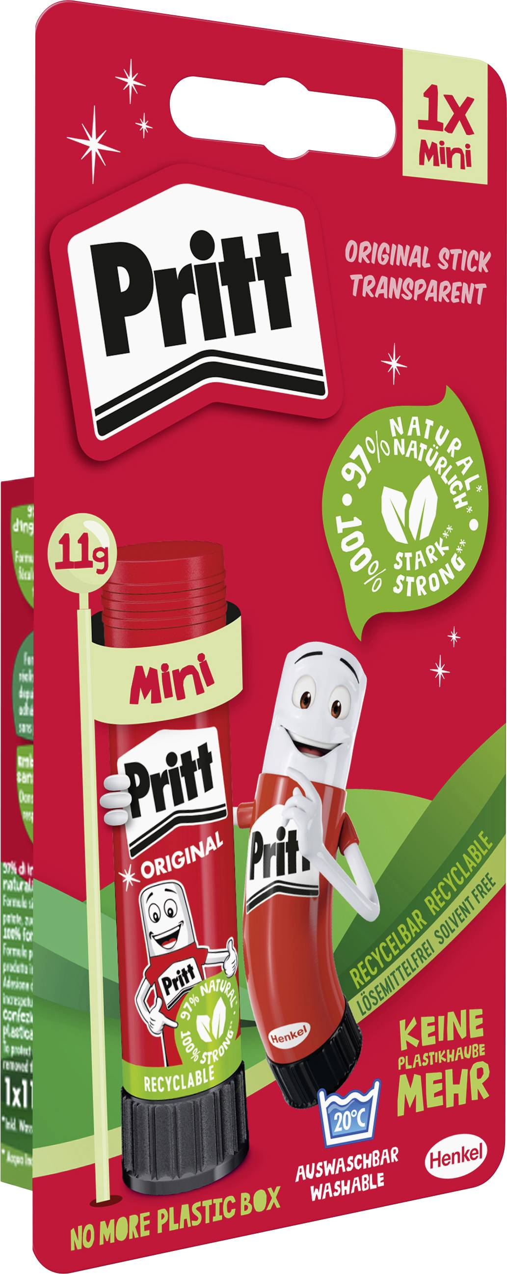 'Mini Pritt Stick' verpakking met een cartoon poppetje dat de lijmstift vasthoudt. Claims: '97% natuurlijke ingrediënten', 'recyclebaar'.