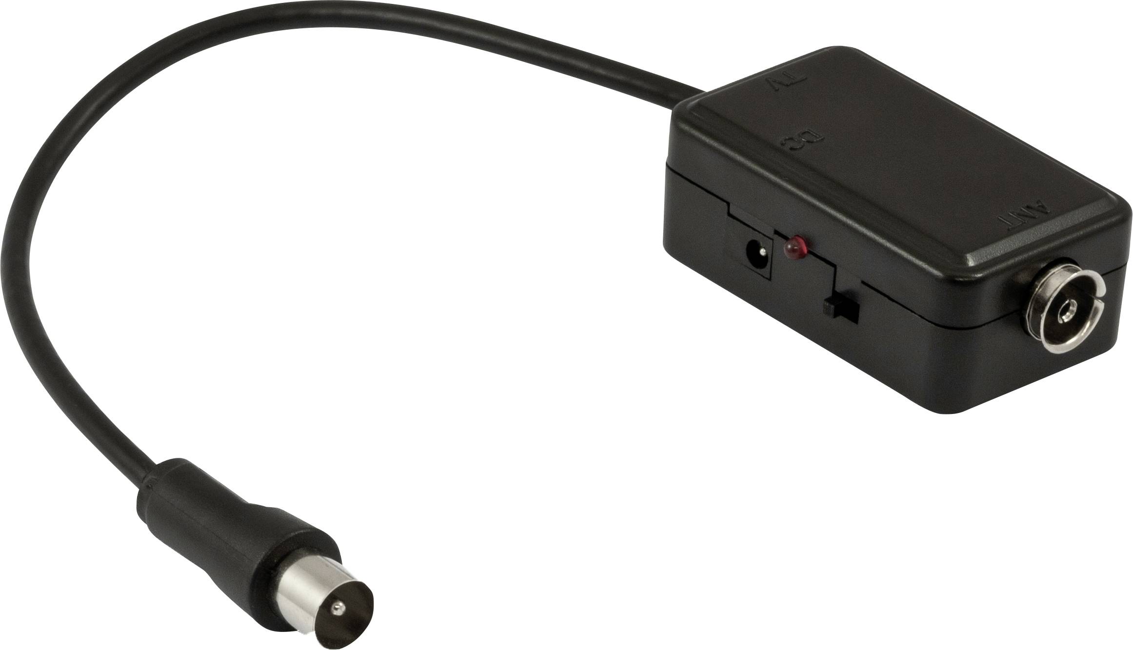 Een zwarte netadapter met aan-/uitschakelaar, LED-indicator, coaxiale aansluiting en kabel, gebruikt voor tv-apparatuur.