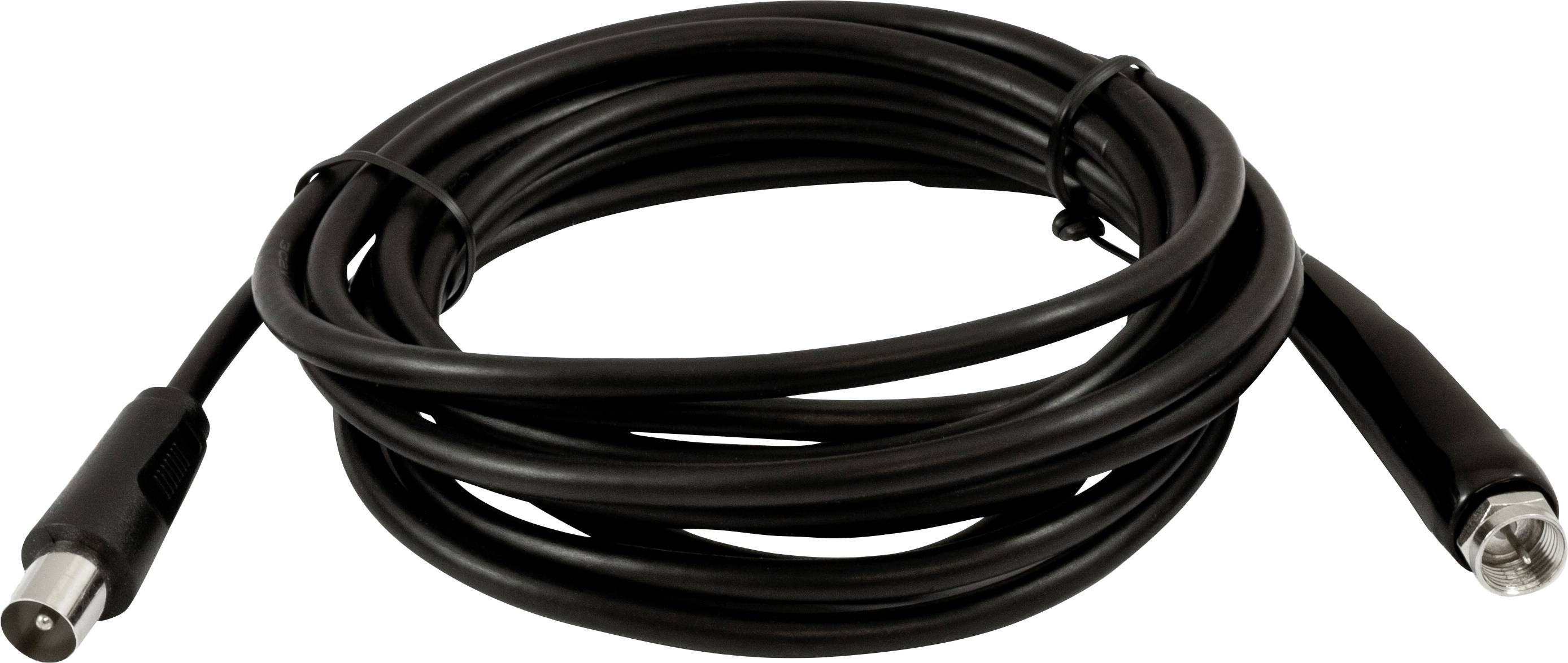 Zwart coaxkabel met mannelijke en vrouwelijke connectoren aan de uiteinden, opgerold en vastgemaakt met een kabelbinder.