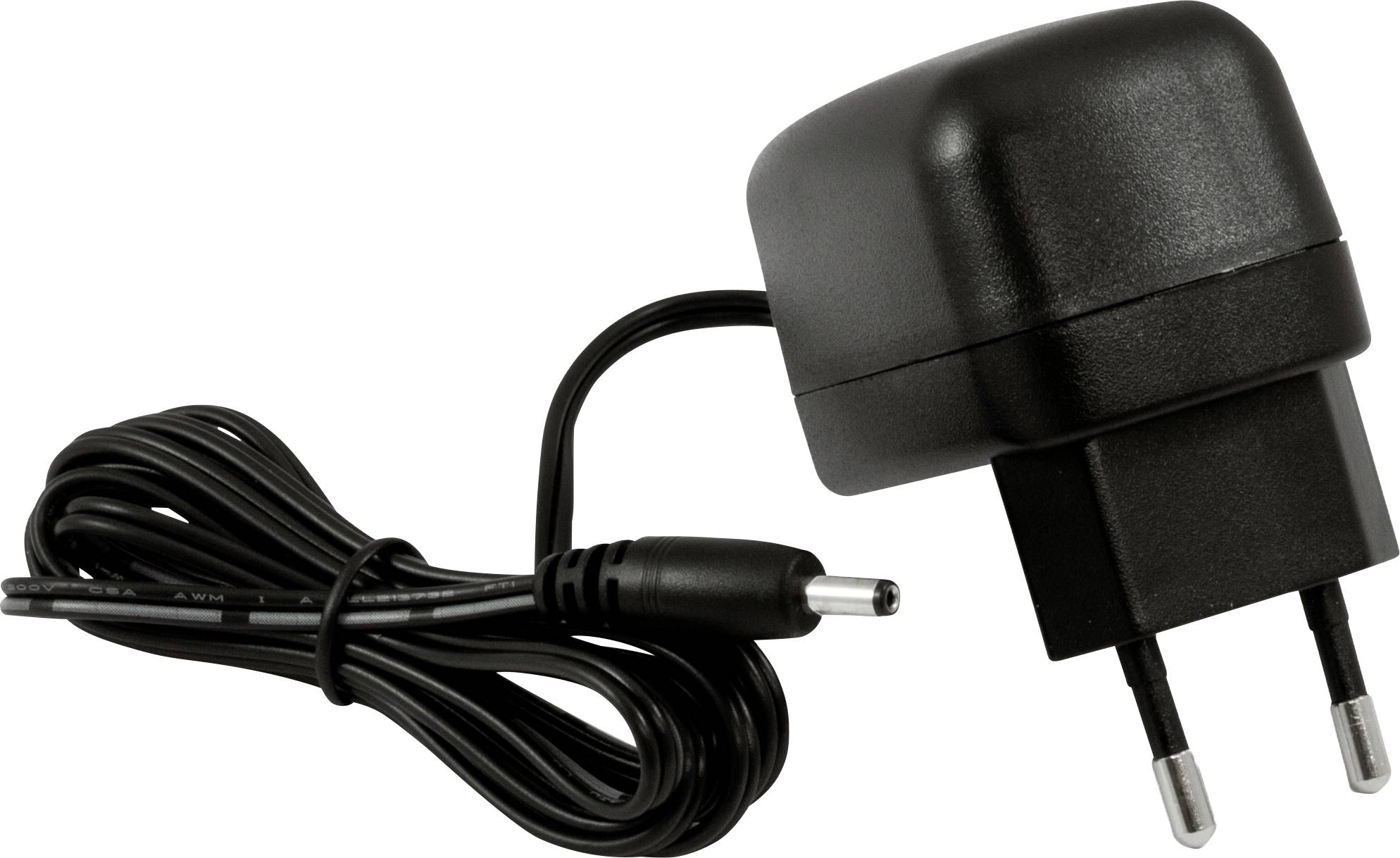 Zwart voedingsadapter met Europese stekker en aangesloten kabel. Geschikt voor elektronische apparaten.
