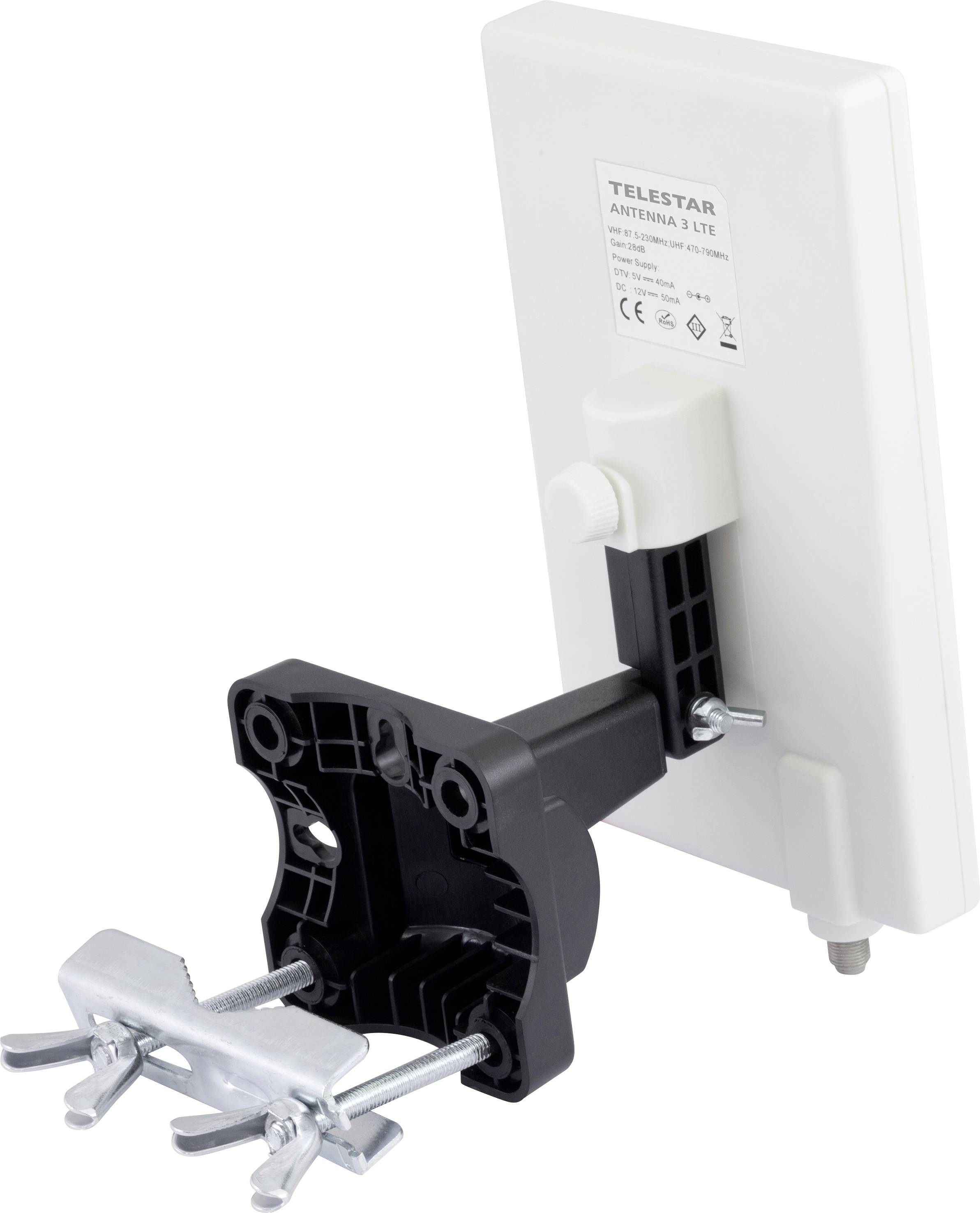 Draagbare LTE-antenne met bevestiging, geschikt voor betere ontvangst. Rechthoekige witte vorm, met zwarte montagearm en zilveren klem.
