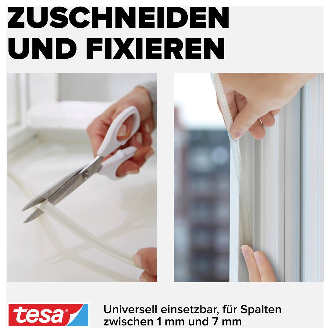 'Zuschneiden en Fixeren', twee afbeeldingen: Iemand snijdt een afdichtingsband door en plakt deze aan een raam. Tekst: 'Universeel inzetbaar, voor spleten tussen 1 mm en 7 mm'.