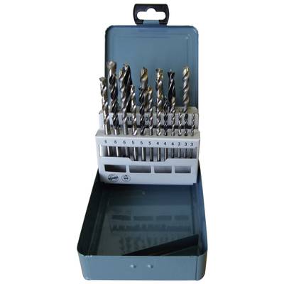 Een open metalen koffer met een set boortjes in verschillende afmetingen, variërend van 3 tot 10 mm, gerangschikt in houders.
