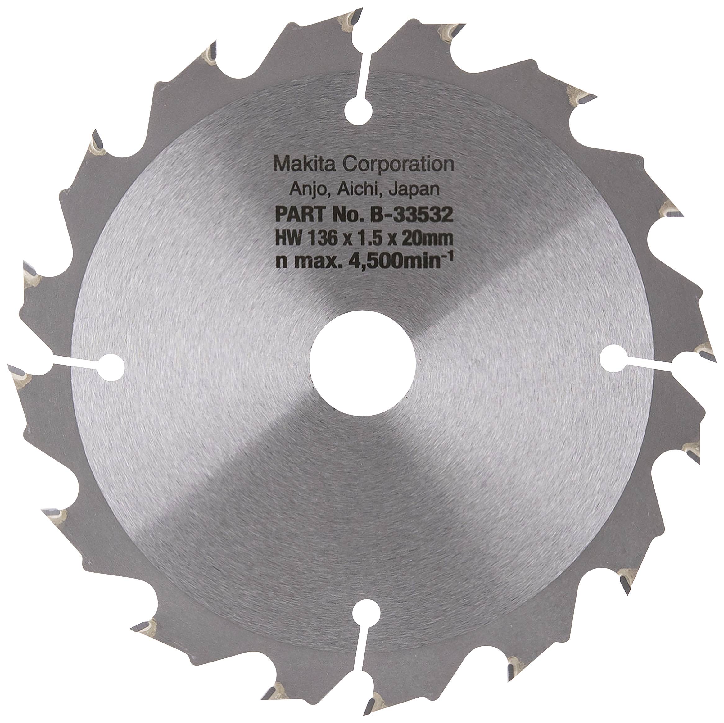 Runderzaagblad met getande randen en gegraveerde tekst: 'Makita Corporation, PART No. B-33532, HW 136 x 1,5 x 20mm'.
