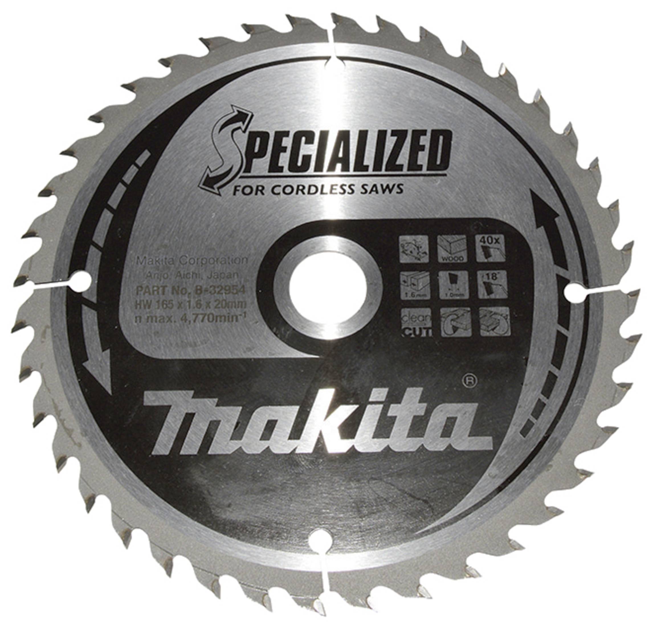 Cirkelzaagblad met het opschrift 'Makita' en 'Speciaal voor accucirkelzagen', geschikt voor verschillende materiaaltypes en zaagdieptes.