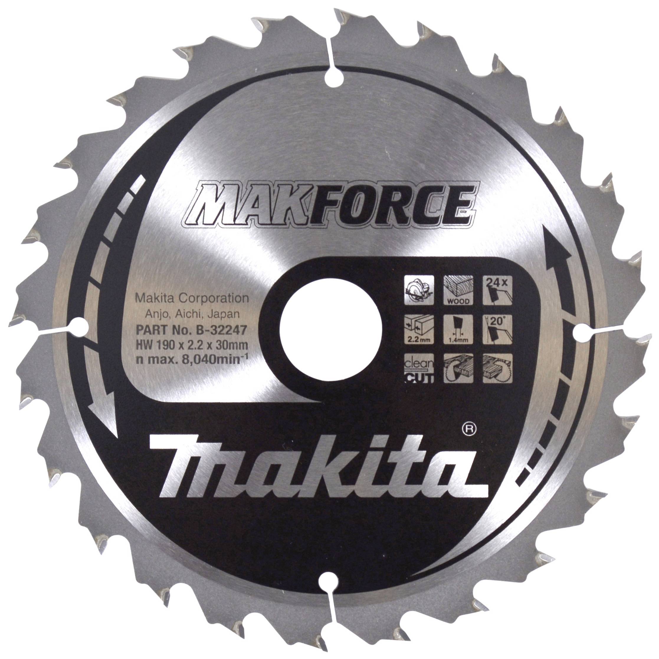 'Zaagblad met de opdruk MAKTORCE en Makita-logo, geschikt voor hout, aluminium en kunststof. Max. snelheid 8.040/min.'