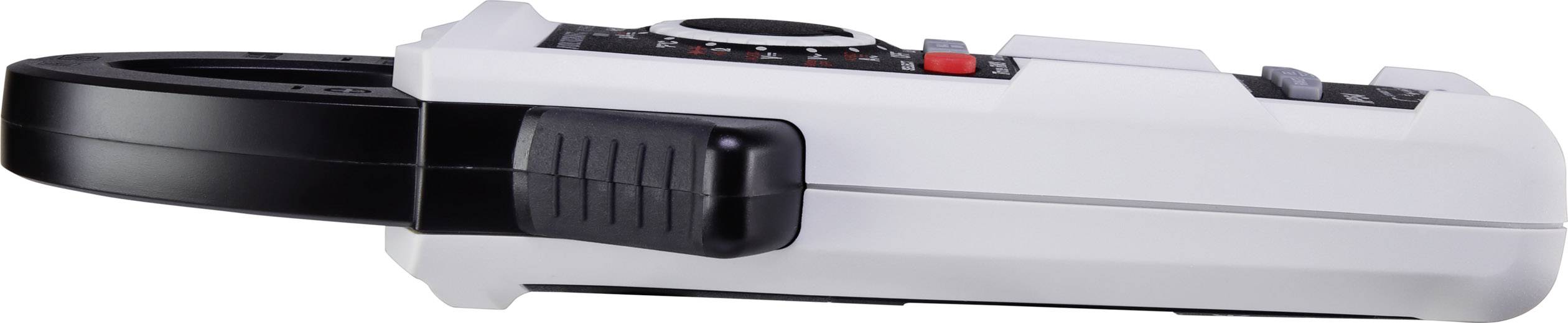 Een zijaanzicht van een meetapparaat, waarschijnlijk een multimeter, met een zwart scherm en een wit behuizing.