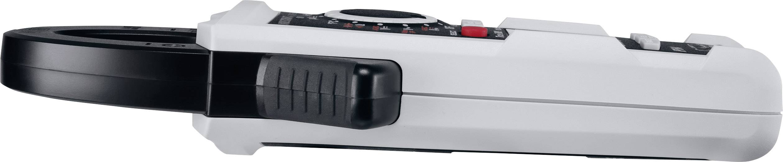 Een wit elektrisch meetapparaat met zwarte tang aan de zijkant. Het wordt gebruikt voor het meten van elektrische parameters.