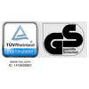 De afbeelding toont het TÜV Rheinland-certificeringslogo en een 'GS geteste veiligheid'-teken, die beiden kwaliteit en veiligheid symboliseren.