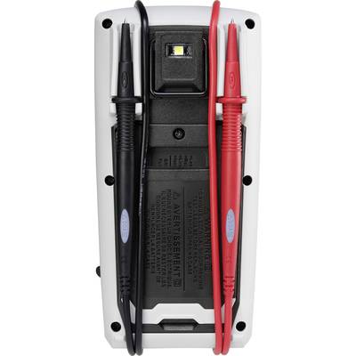 Achterkant van een multimeter met een LED-lamp en twee meetpennen, één zwart en één rood, die aan de zijkanten zijn bevestigd.