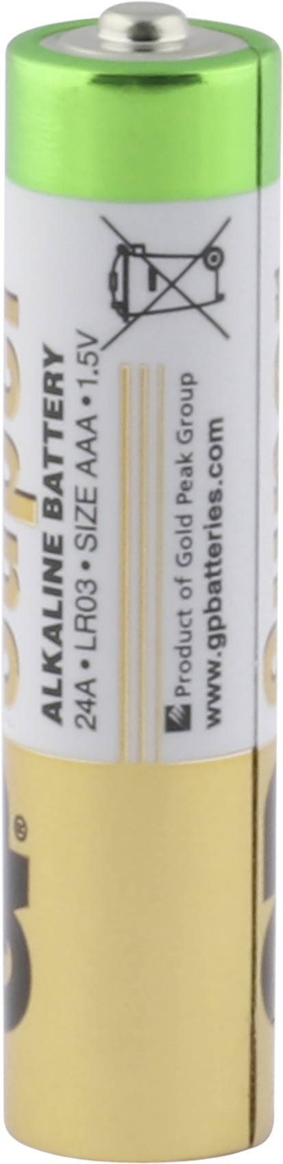 AAA-alkalinebatterij, 1,5 V, met een groen en gouden behuizing.