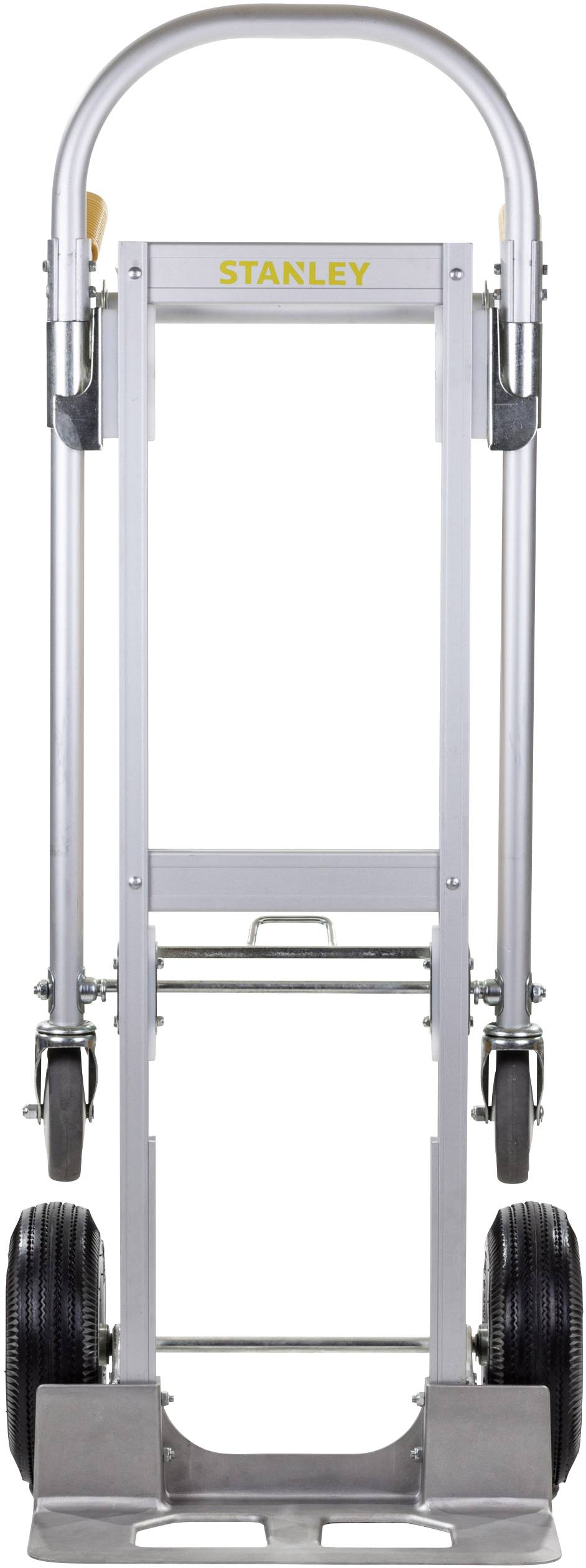 Opvouwbare steekwagen met twee grote wielen, zilveren frame en gele merknaam 'Stanley' bovenaan de handgreep.