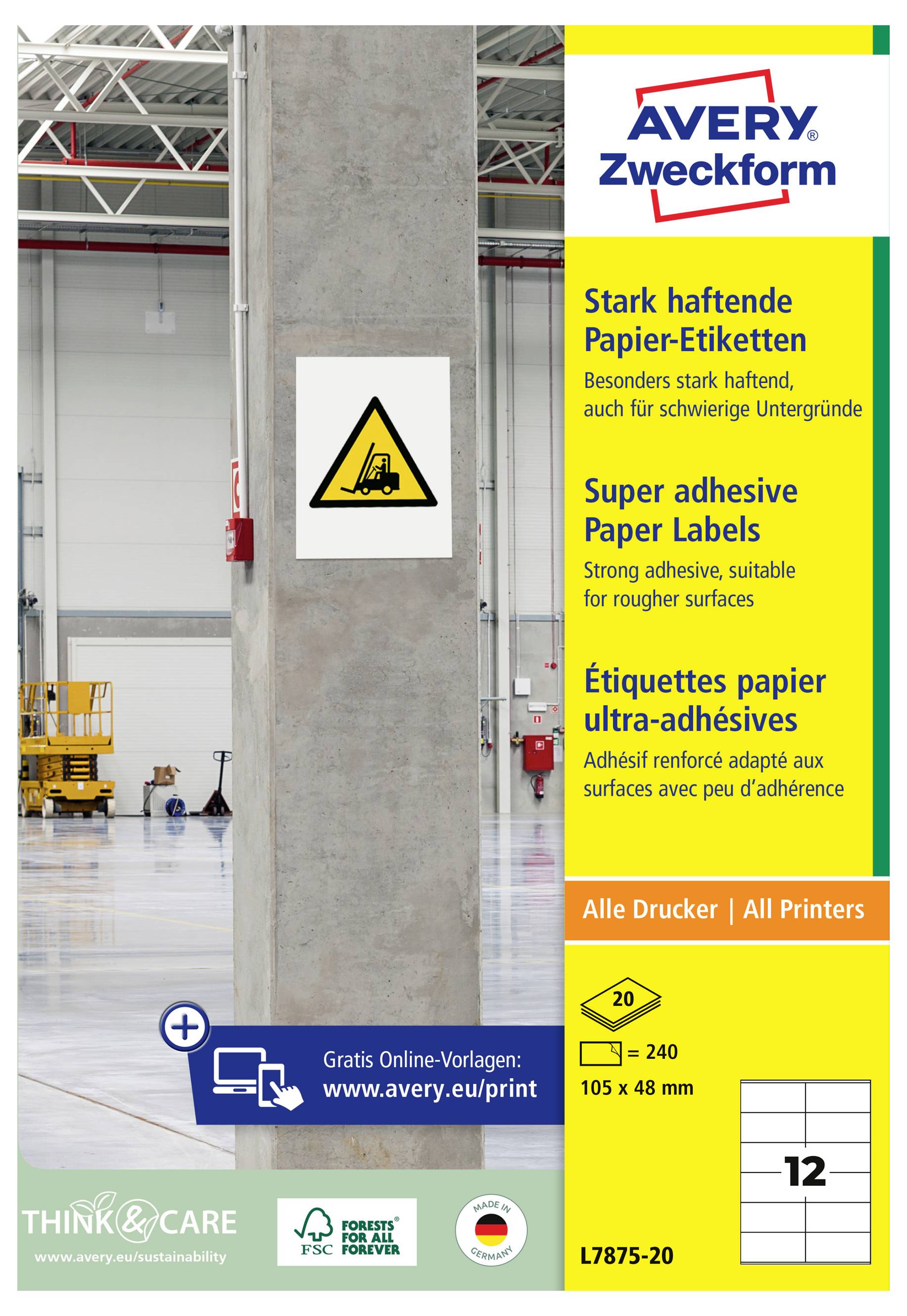 Avery-Zweckform Avery Zweckform L7875-20 sterk hechtende papieretiketten, 105 x 48 mm, 20 vellen/240 etiketten, wit L787-1