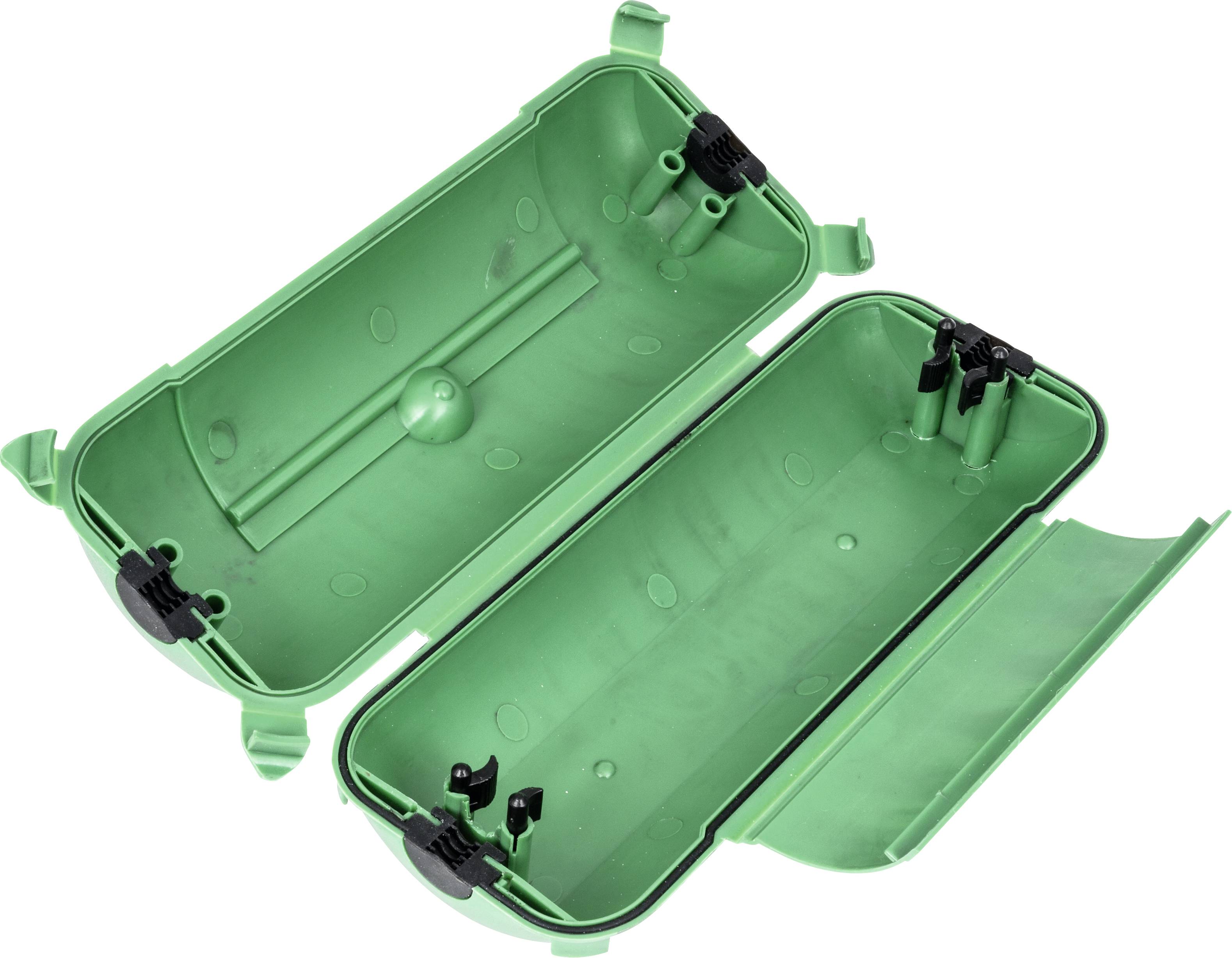 Groene kunststof opbergdoos met open helften, geschikt voor het bewaren van kleine voorwerpen of kabels, voorzien van klemmen voor bevestiging.