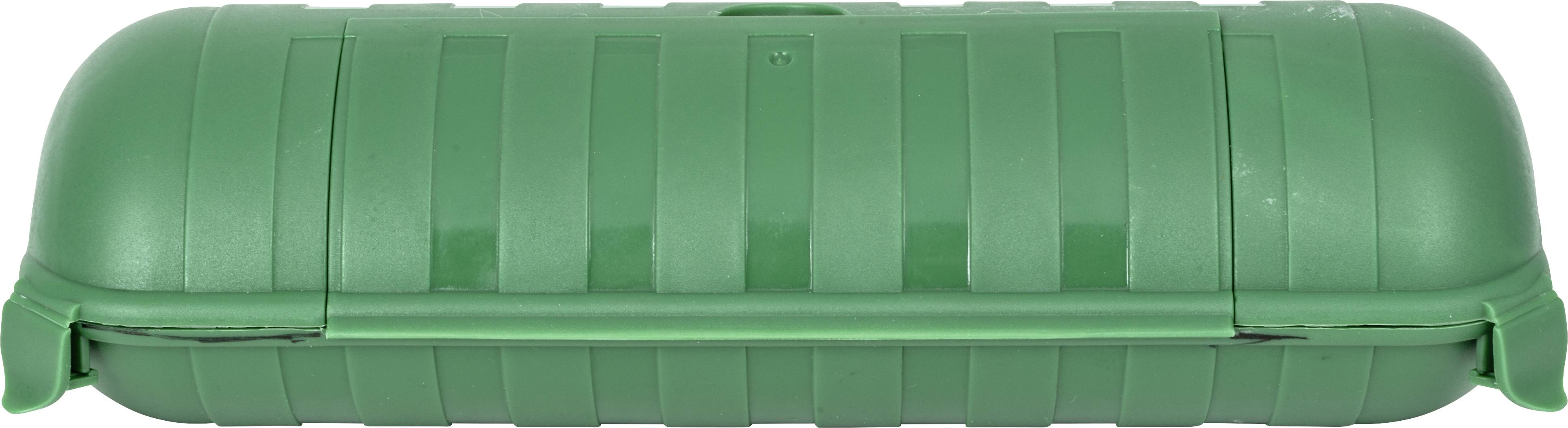 Een groene, rechthoekige container met een geprofileerd oppervlak.