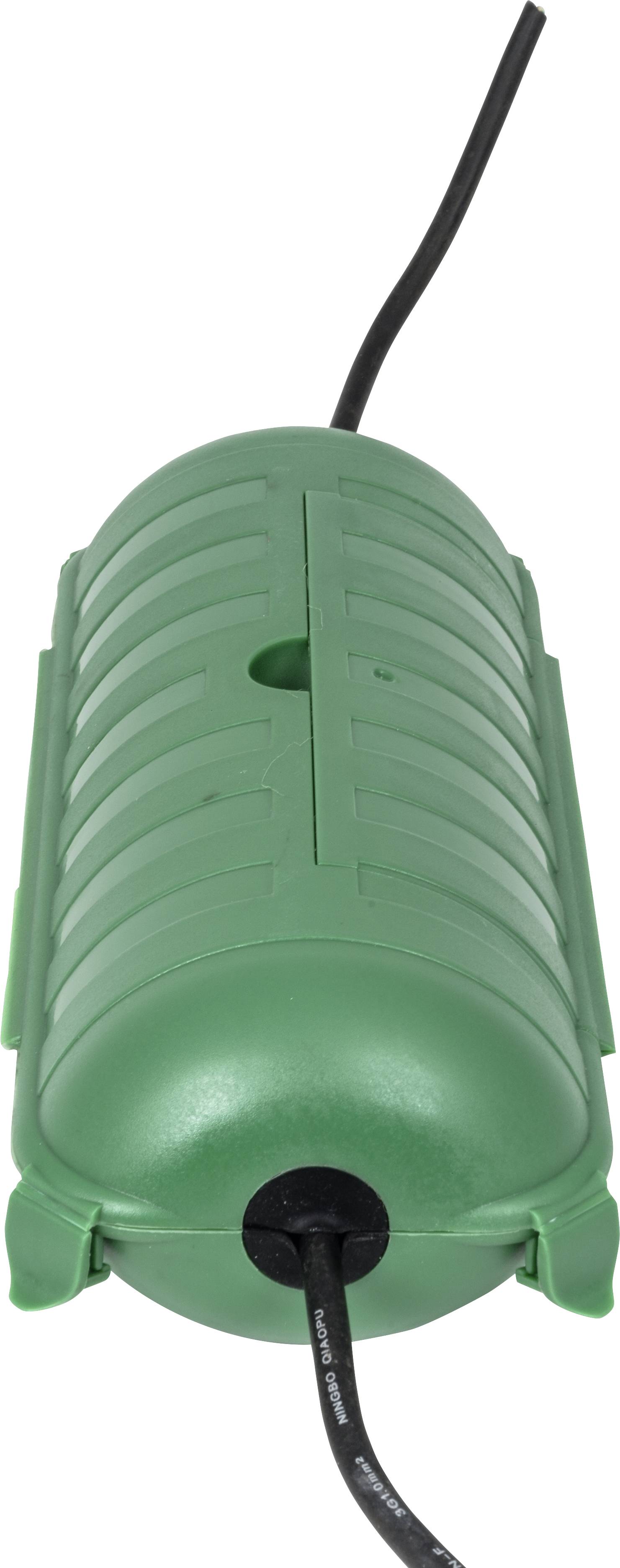 Groene kunststof cilinder met kabel aan beide uiteinden, vermoedelijk elektrisch apparaat of beschermbehuizing.