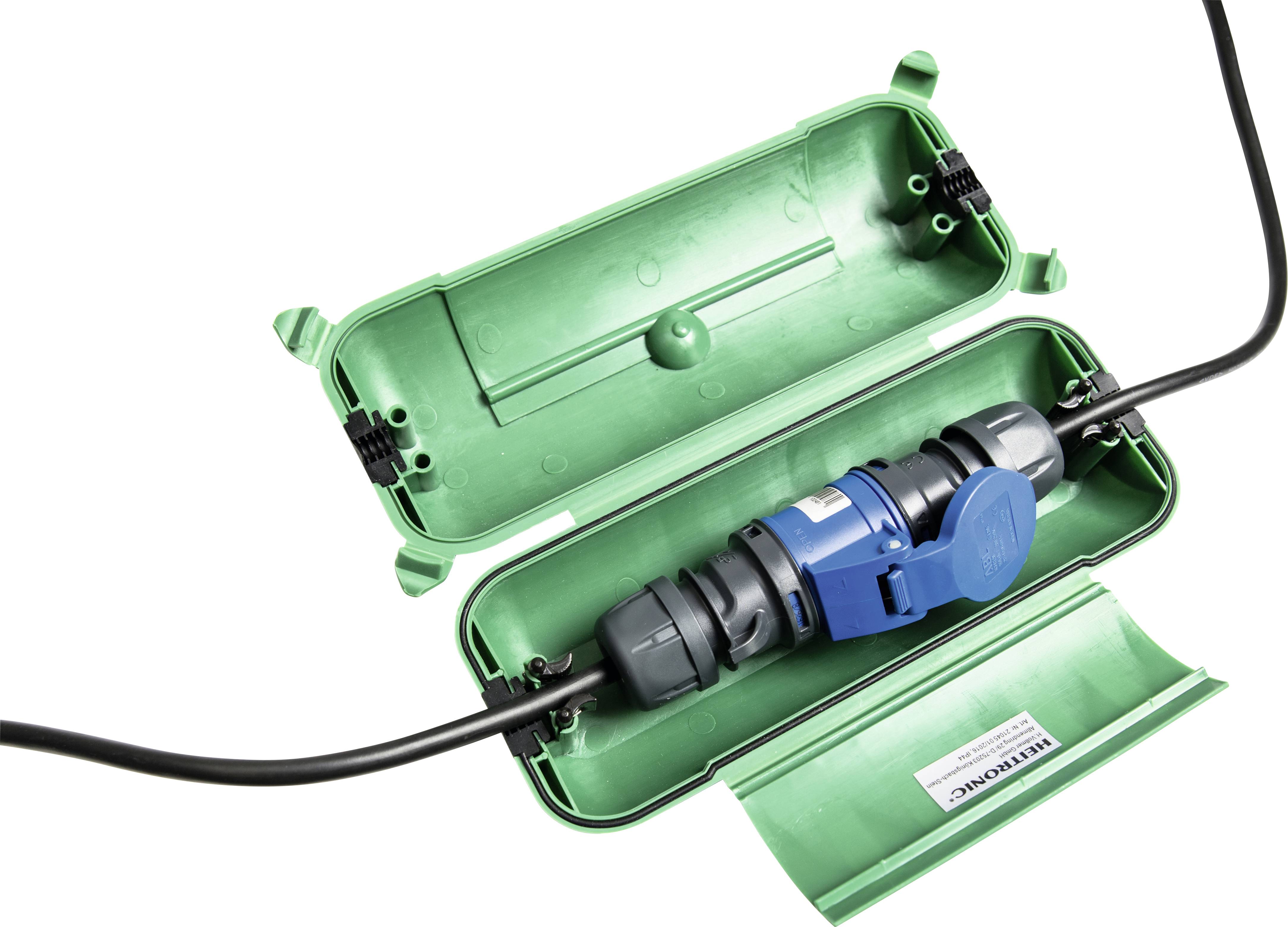 Een blauwe kabelverbinding in een groene, open beschermbox. De box beschermt de verbinding en is bedoeld voor gebruik buitenshuis.