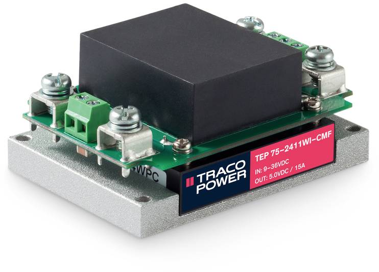 Elektronische module op metalen basis met aansluitingen en zwarte behuizing, merklabel "TRACO POWER".