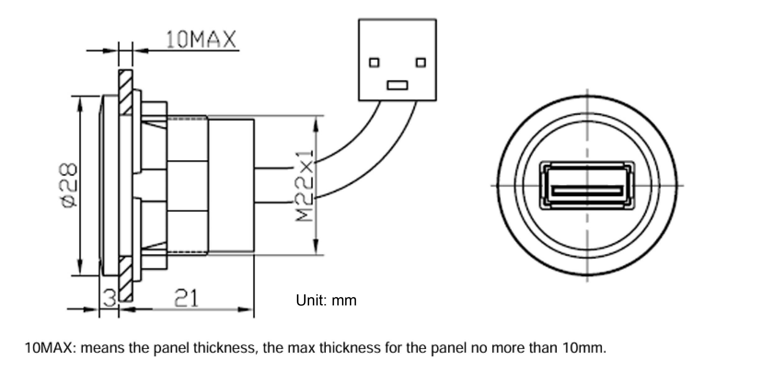 Technische tekening van een USB-stekker met afmetingen. De diameter bedraagt 28 mm, maximale paneeldikte 10 mm.