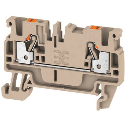 Een bruine klemmenrij met twee metalen verbindingen en een onderliggende metalen staaf. Bovenzijde met twee oranje klaphendels.