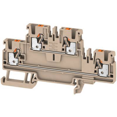 Een beige railklem van kunststof met metalen contacten en hefbomen, gebruikt voor het verbinden van elektrische leidingen in schakelkasten.