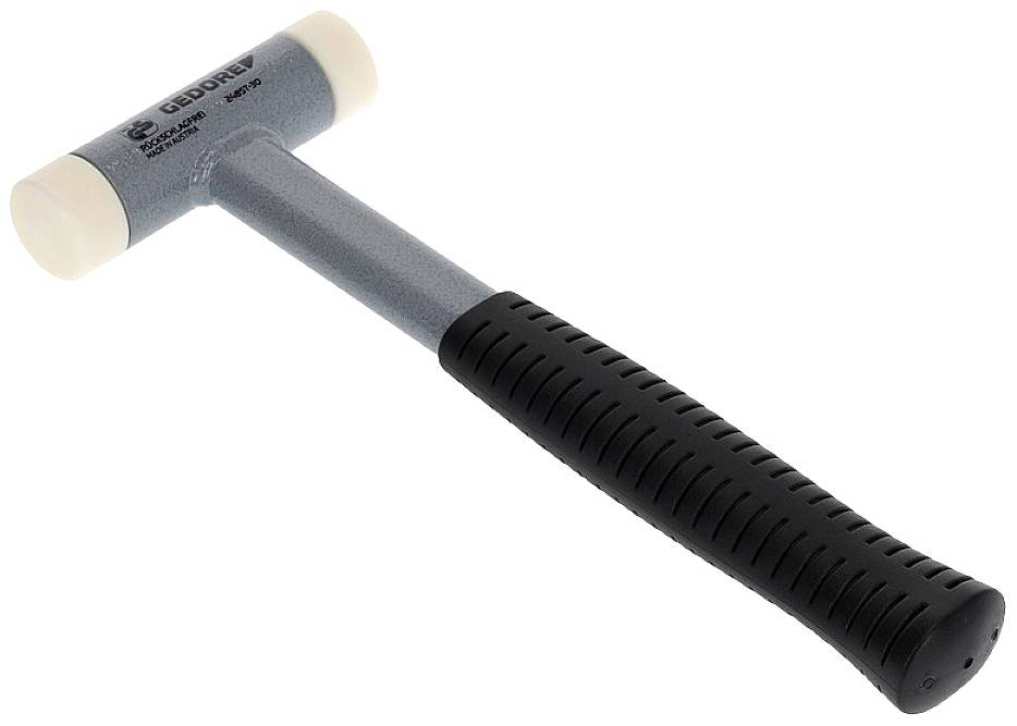 Een slaghamers met een rubberen coating op de steel en witte kunststof koppen aan beide uiteinden. Geschikt voor werkzaamheden zonder oppervlaktebeschadigingen.