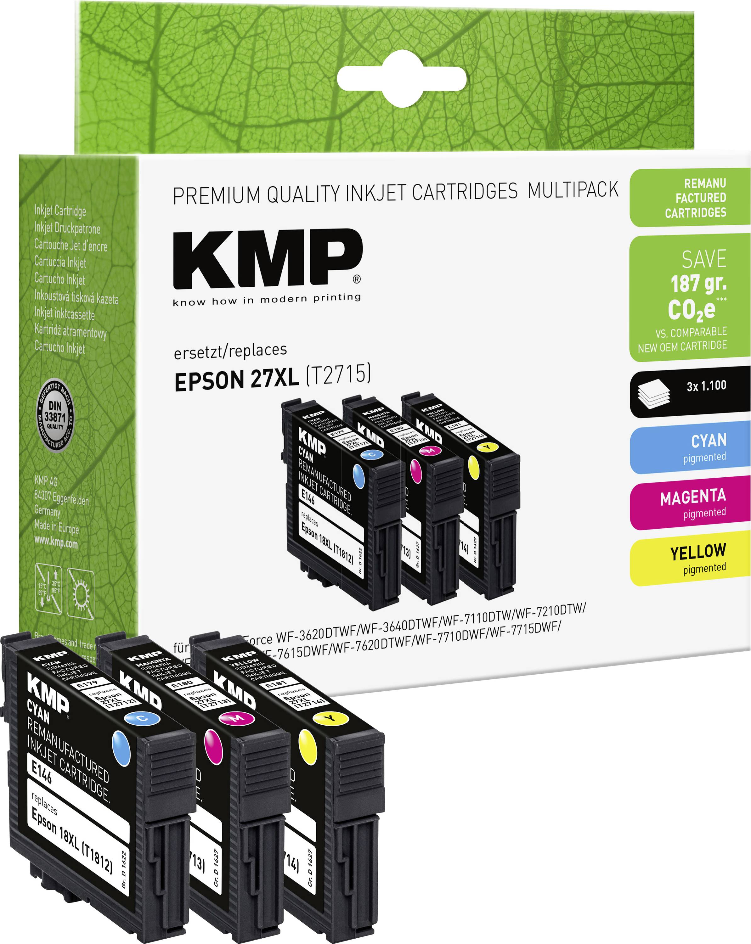 KMP Inktcartridge vervangt Epson 27XL, T2715, T2712, T2713, T2714 Compatibel Combipack Cyaan, Magenta, Geel E179V 1627,4005
