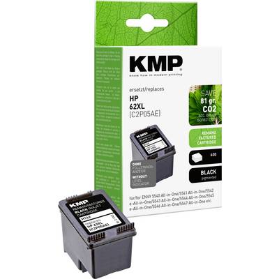 'Gereviseerde Cartridge HP 62XL' van KMP in verpakking. Bespaart 81g CO2. Zwarte pigmentinkt voor ENVY en OfficeJet printers.