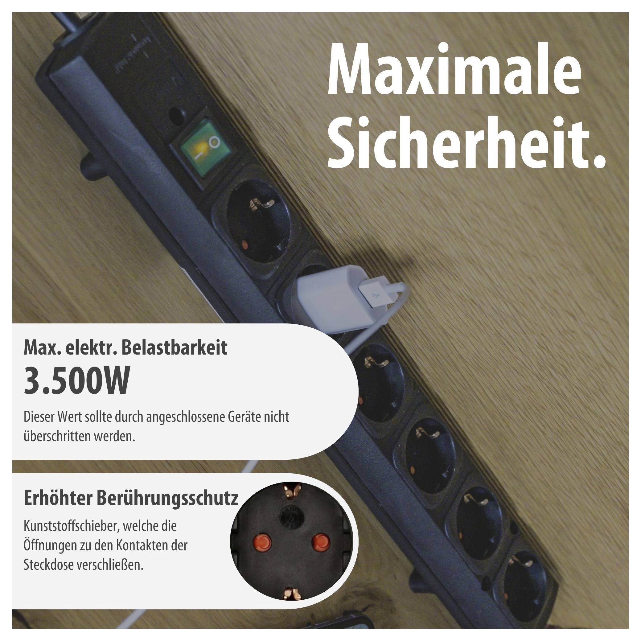 Stekkerdosenstrook met tekst 'Maximale veiligheid.'; noemt 3.500 W maximale elektrische belastbaarheid en verhoogde aanraakingsbescherming door kunststofschuiven.