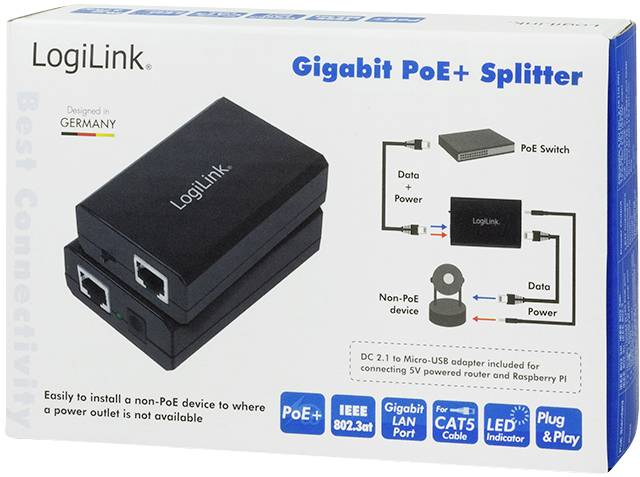 'LogiLink Gigabit PoE+ Splitter' verpakking. Bevat afbeelding van het apparaat, installatiediagram en ondersteunde functies zoals Gigabit LAN en PoE+.