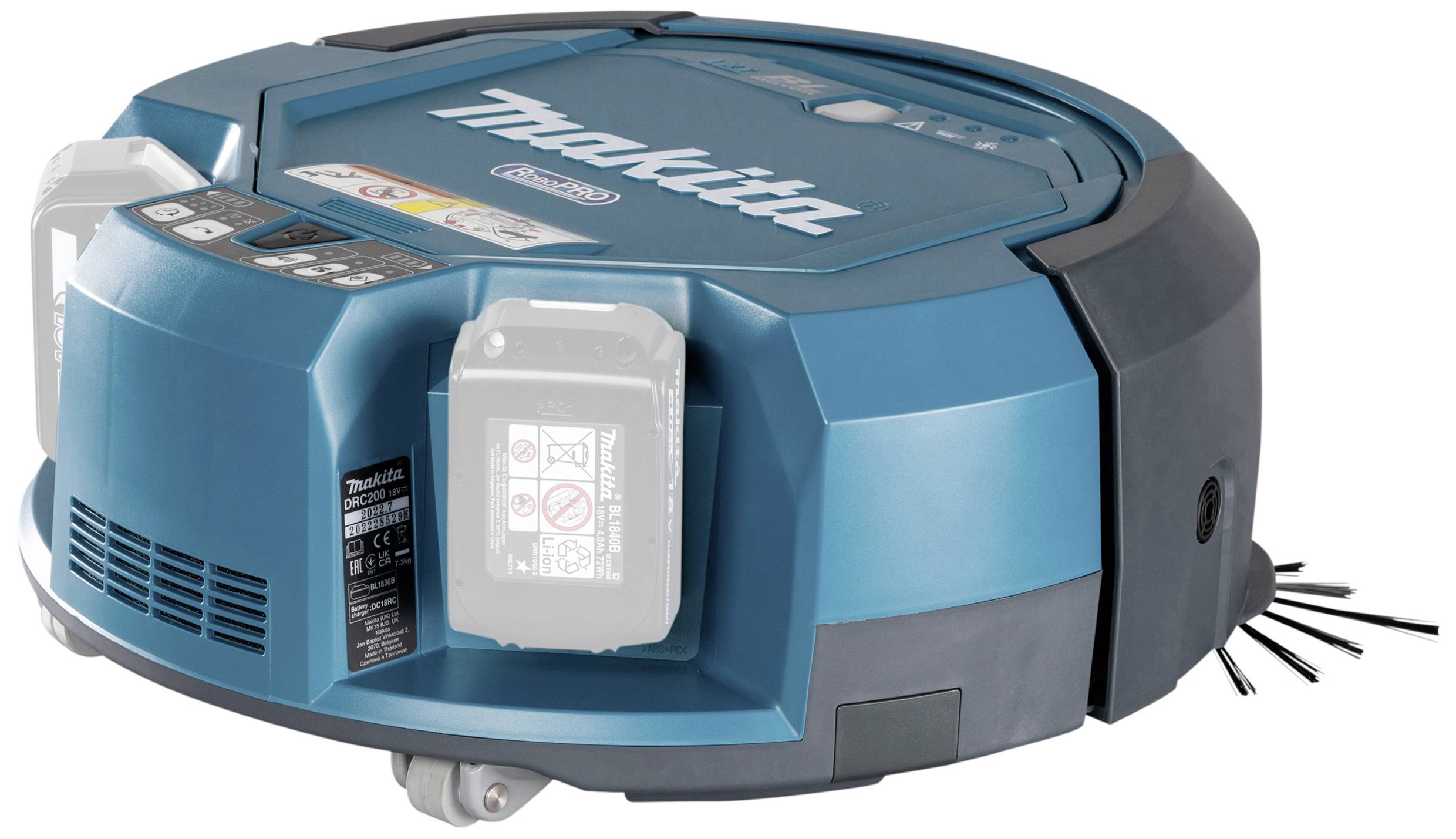 'Een blauwe robotstofzuiger met het opschrift "Makita" aan de bovenkant. Hij heeft borstels aan de zijkant en staat op wielen.'