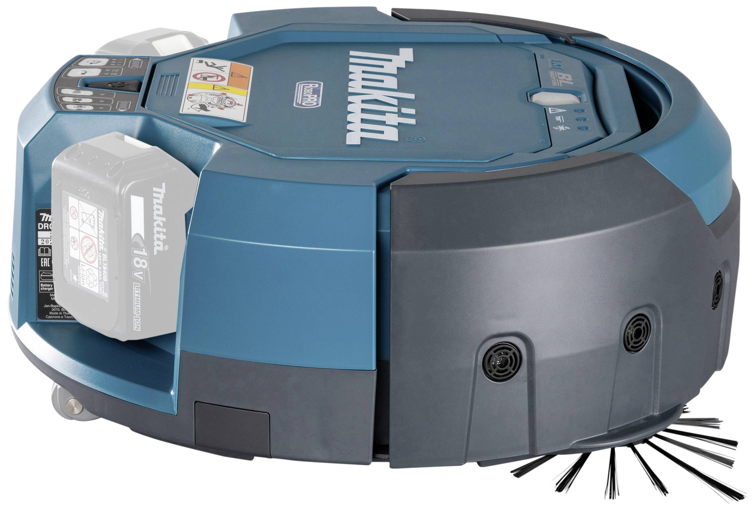 Automatische stofzuigerrobot in blauw en zwart, met borstel aan de onderkant en accu aan de zijkant; Product van Makita.