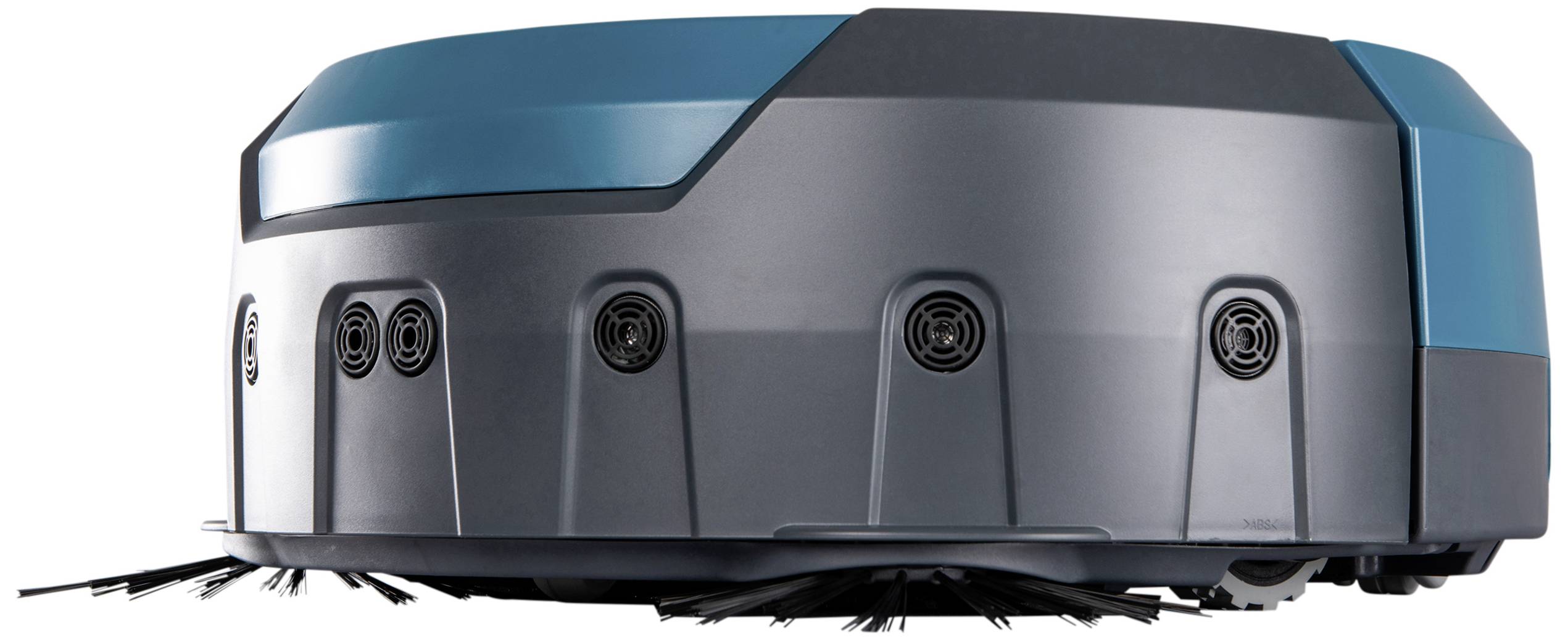 Een moderne robotstofzuiger met een blauwe en grijze behuiskleur, zijborstels en sensoren voor autonome reiniging.