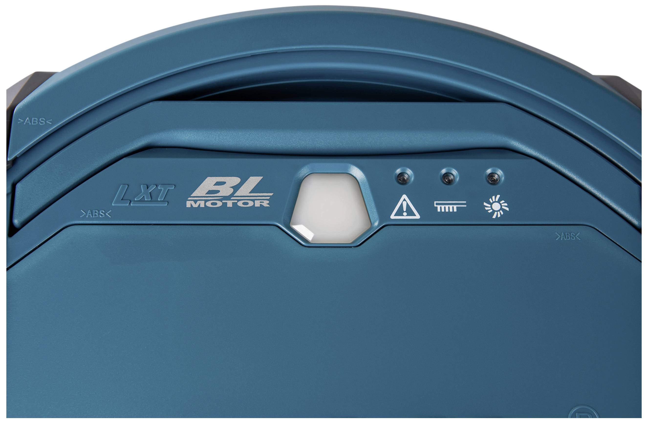 Een detailopname van een blauw behuizing met de tekst 'LXT BL Motor', waarschuwings- en lichtsymbolen.