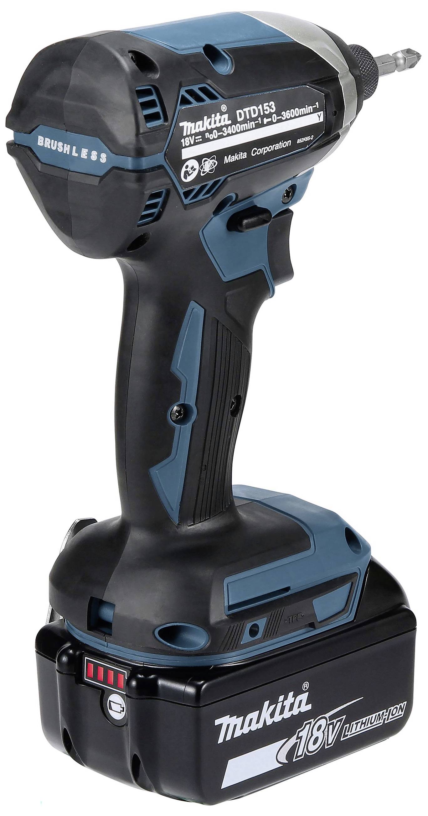 Makita accuschroevendraaier met zwart en blauw behuizing, borstelloze motor en 18 V lithium-ion accu.