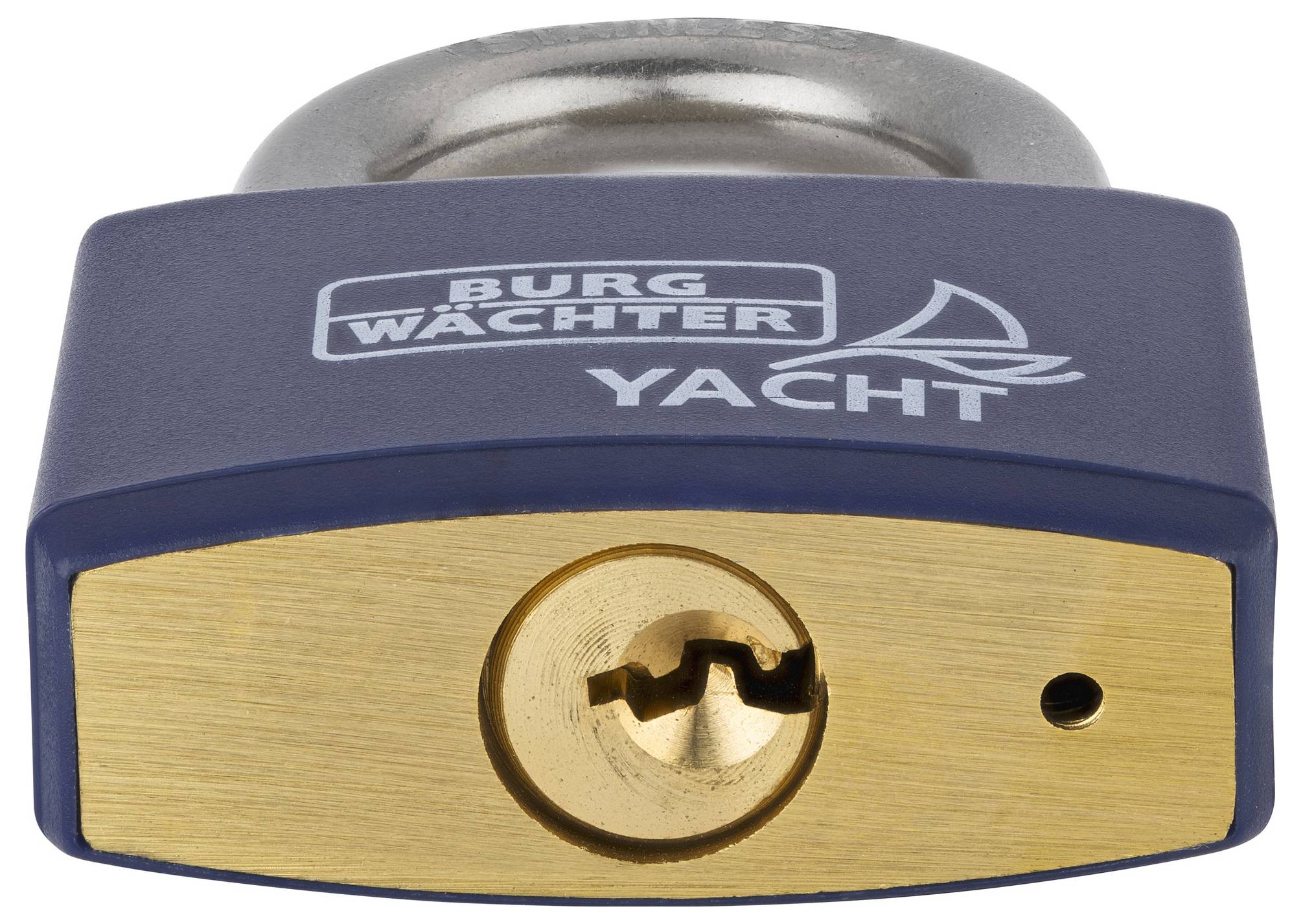 Een robuust hangslot van het merk Burg Wächter, model 'Yacht', van metaal met een blauwe behuizing en een goudkleurige slotmechanisme.