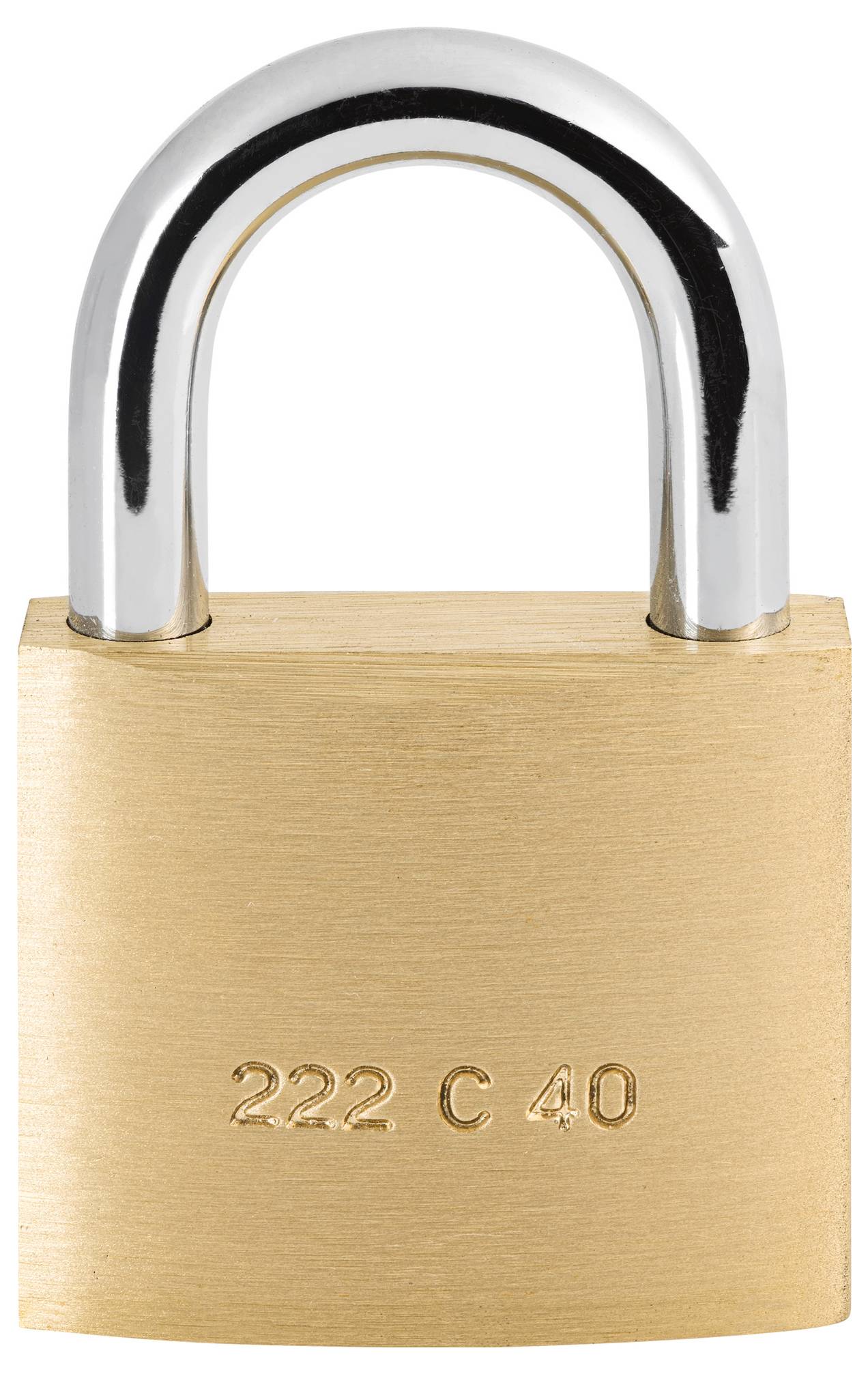 Een hangslot van messing met de gravure '222 C 40', symbool voor veiligheid of bescherming.