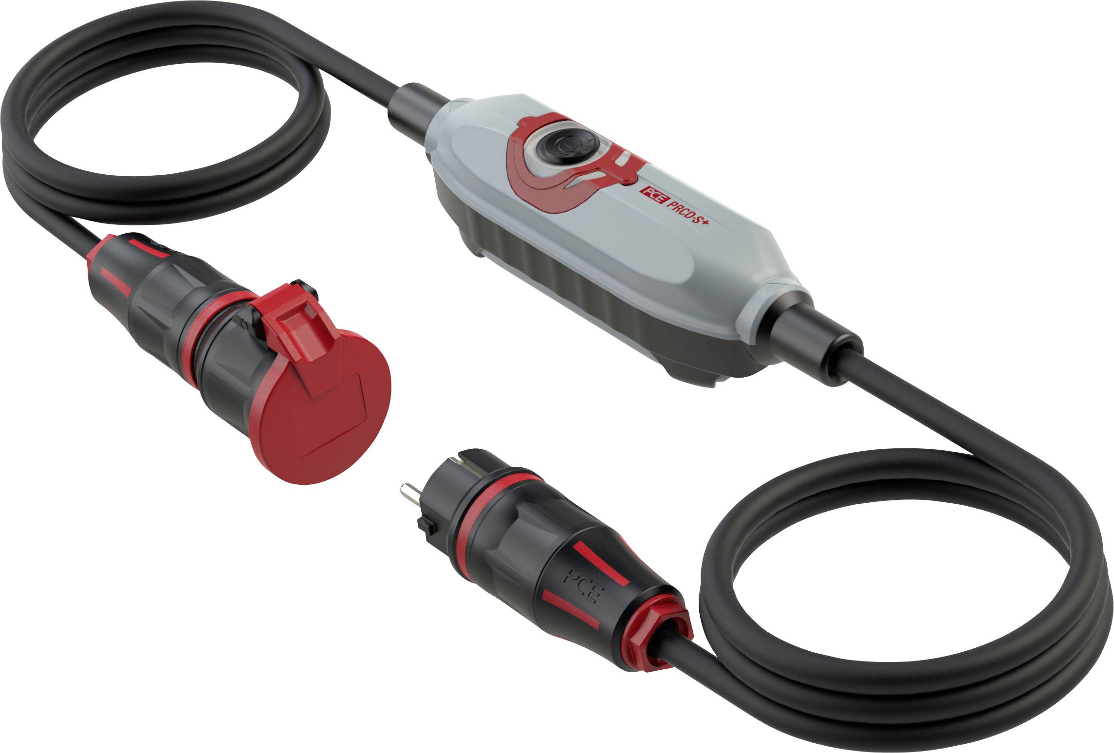 Elektronische bouwtechnische verlengsnoer met stopcontact en stekker, geschikt voor zware apparatuur, weersbestendig behuizing.