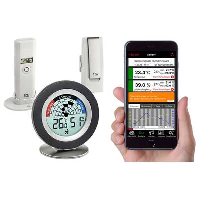Een digitale thermometer/hygrometer toont de temperatuur en luchtvochtigheid. Een app op de smartphone geeft gedetailleerde gegevens en grafieken weer.
