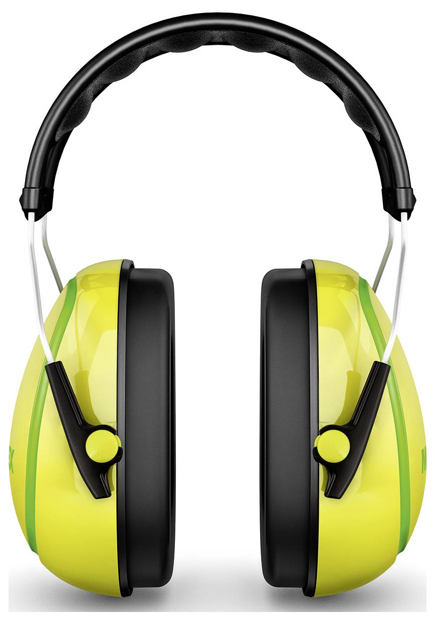 Gele geluidsdempenende oorbeschermers met zwarte en groene accenten, ontworpen om gehoorbescherming te bieden in luide omgevingen.