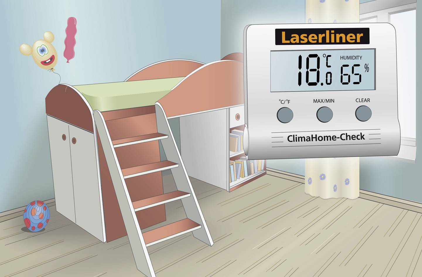 'Afbeelding toont een kinderkamer met een hoogslaper. Een digitale hygrometer geeft 18°C en 65% luchtvochtigheid weer.'