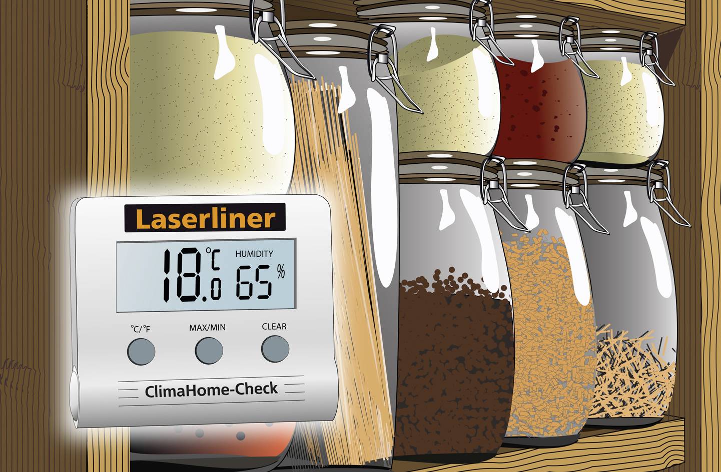 Een digitale hygrometer toont '18,1°C' en '65% luchtvochtigheid' naast verschillende glazen potten met kruiden op een rek.