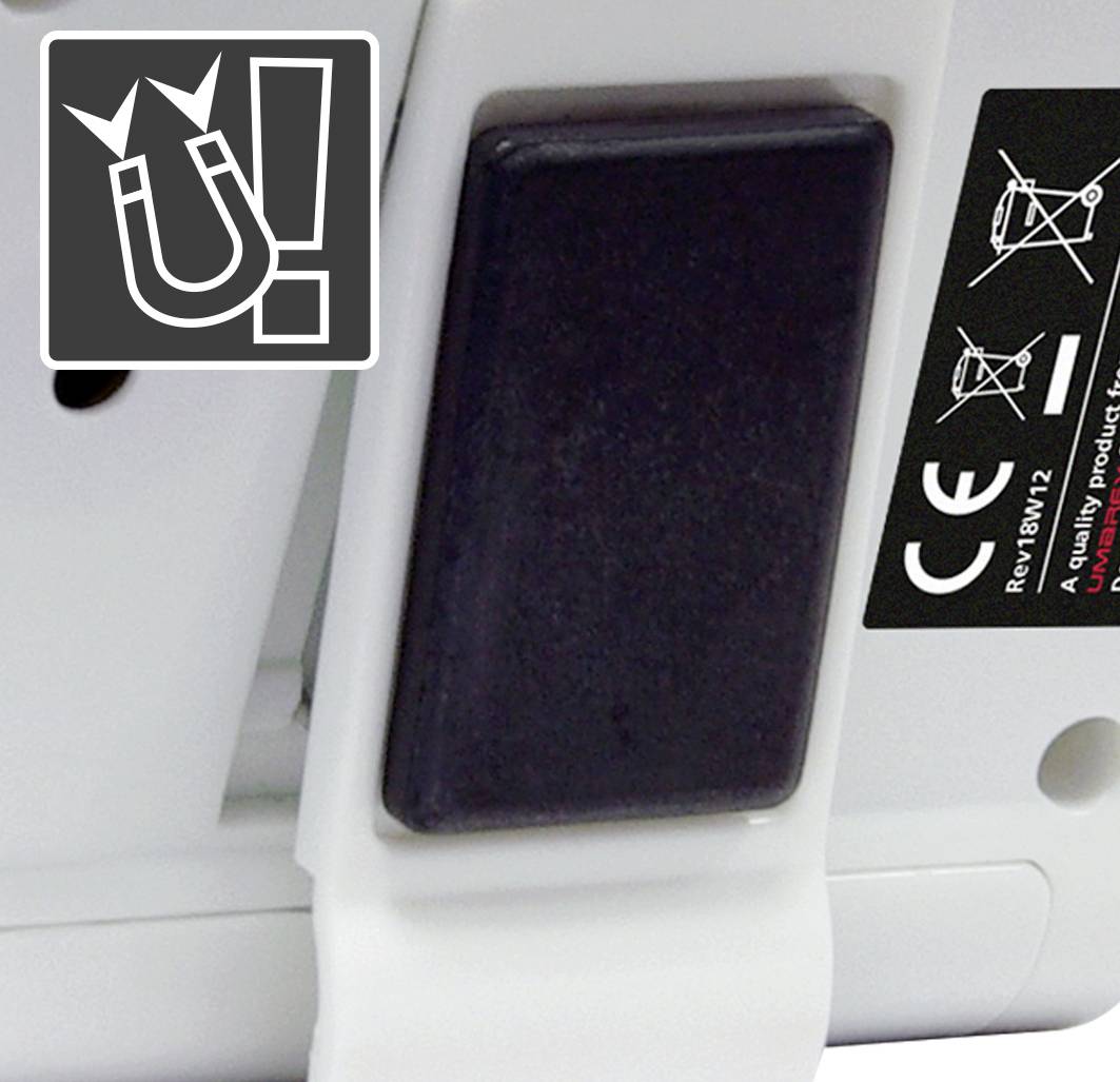 Een wit apparaat met een zwarte magneet is voorzien van een waarschuwingssymbool voor magnetische velden en CE-markering.