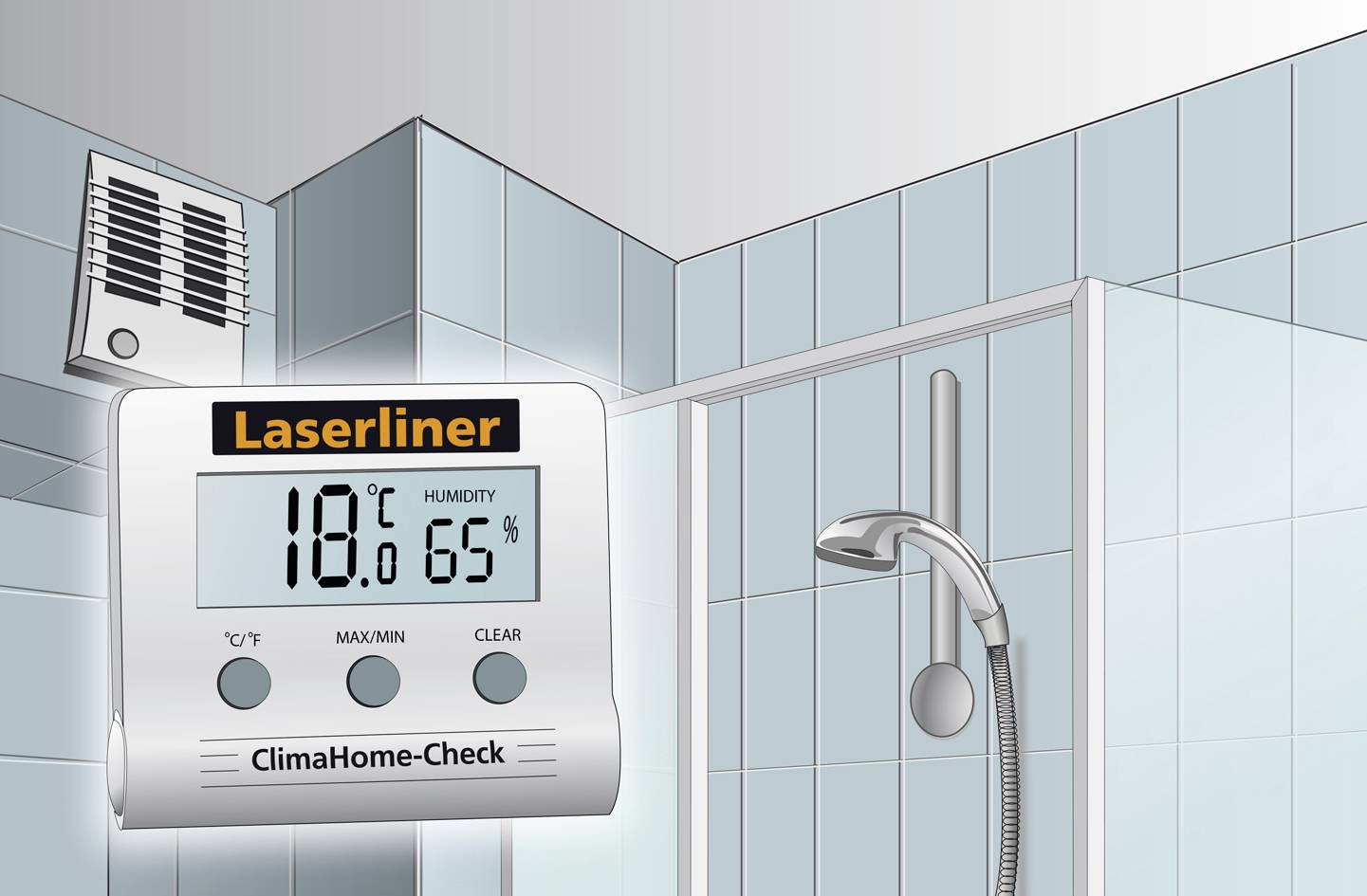 Een digitale thermometer geeft 18°C en 65% luchtvochtigheid aan in een betegelde badkamer met douche en ventilatierooster.