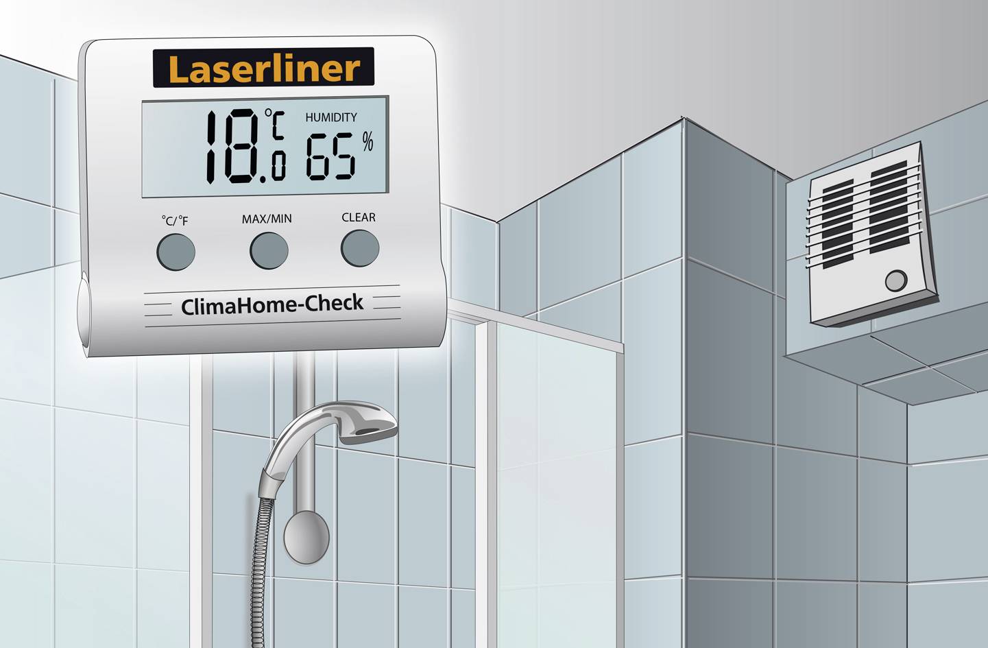 Digitale thermometer in de badkamer toont '18°C' en '65% luchtvochtigheid'. Op de achtergrond bevindt zich een douche.