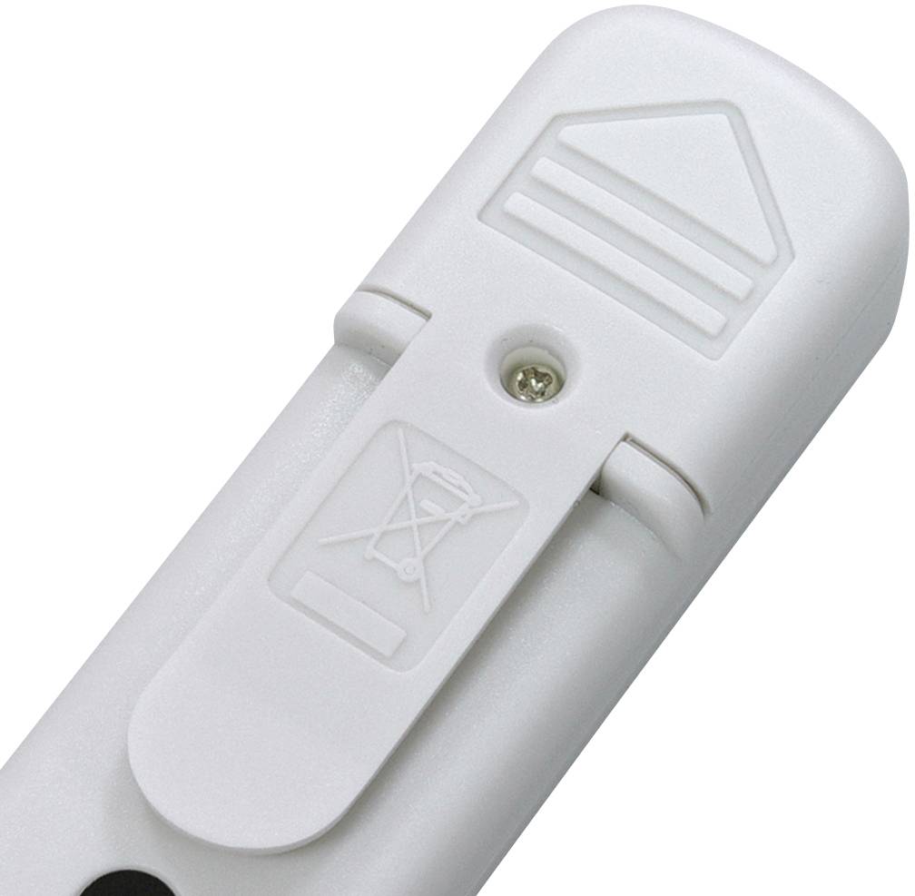 Een witte, veiligheidsgerichte deuropvanger met vergrendelingsmechanisme wordt getoond. De opvanger heeft bovenaan een waarschuwingssymbool.