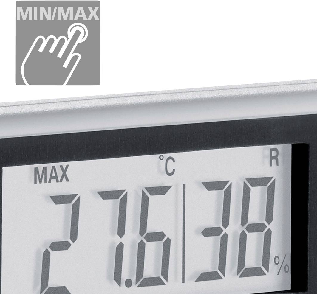Digitale thermometer toont 27,6 graden Celsius en 38 procent luchtvochtigheid. Linksboven het symbool voor de Min/Max-toets.