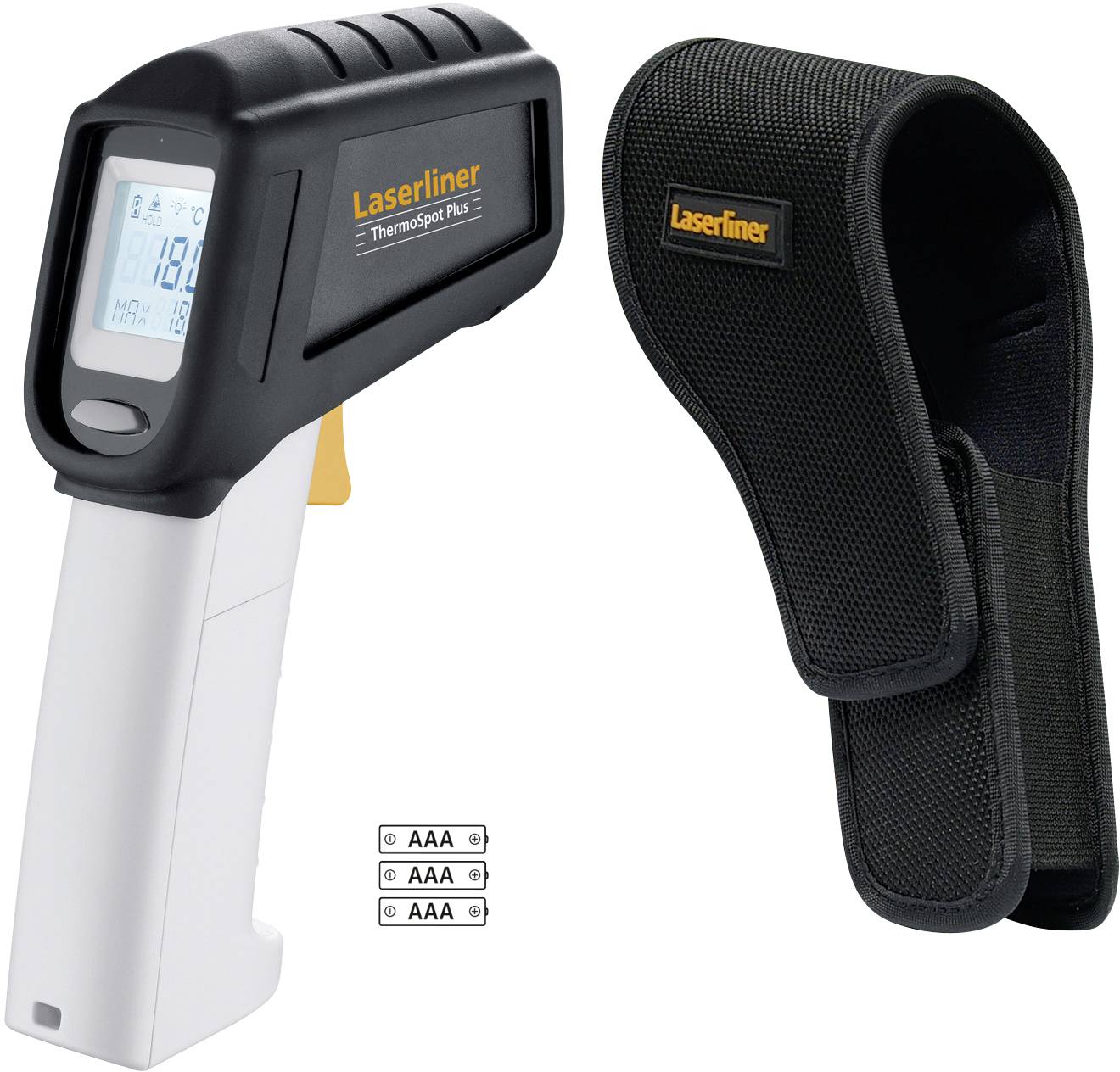Een infrarood-thermometer met display dat de temperatuur aangeeft, naast een zwarte beschermhoes. Gemerkt met 'Laserliner'.